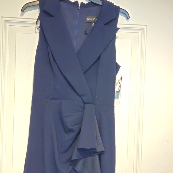BETSY & ADAM Ruffled Tuxedo Navy Maxi Dress Sleevless Side Slit NWT sz 8 - Picture 7 of 14